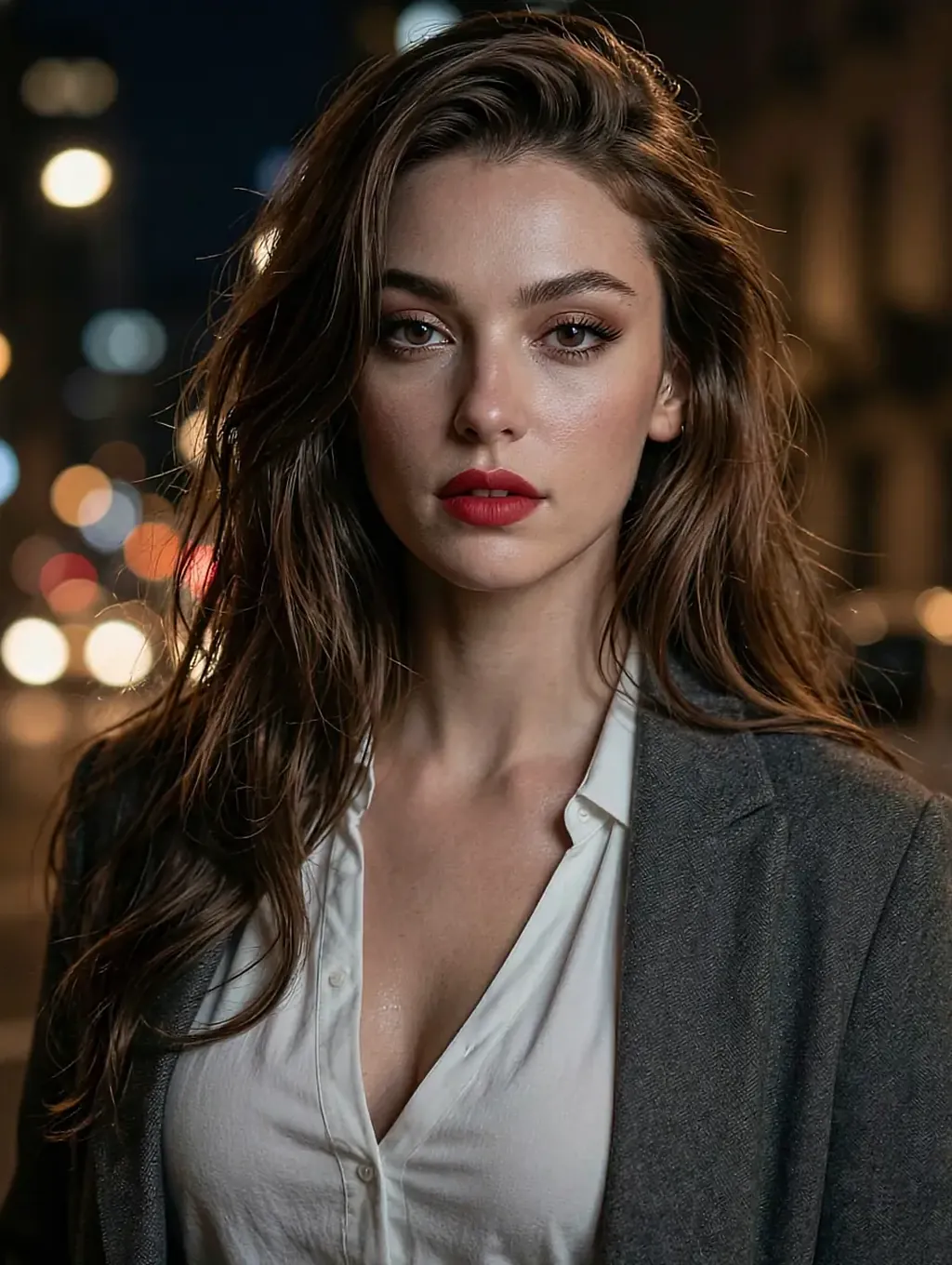 Fictional AI character in a charcoal blazer and white shirt, city lights blurred behind her